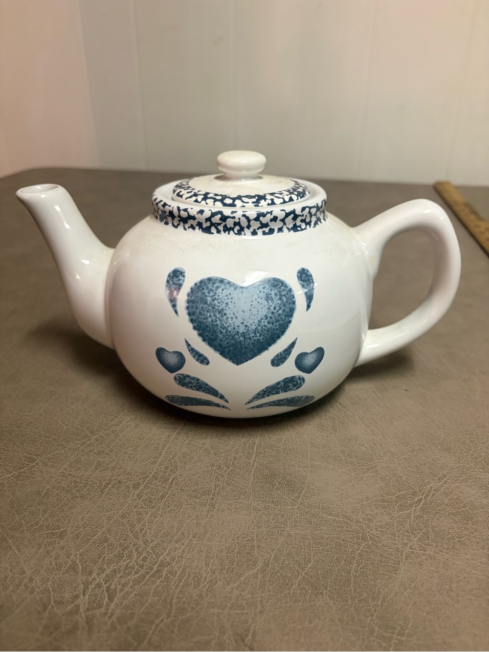 White Ceramic Teapot with Blue Heart Design - Home Art